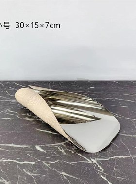 现代简约不锈钢几何卷边银色托盘果盘I摆件样板房售楼处软装饰品