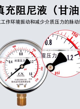 YN100耐震压力表0-1.0/1.6/2.5/4mpa抗震防震油压表液压表气压表