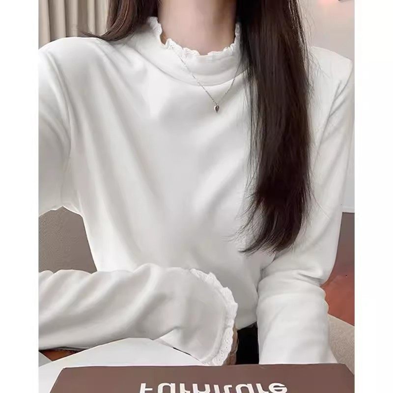 花边拼接半高领打底衫女秋冬双面磨毛修身设计感内搭ak