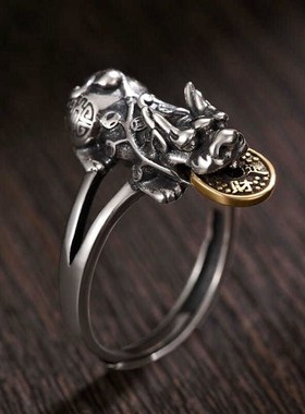 925银a可转动貔貅戒指环男女招财转运铜钱复古风个性活口调节百搭