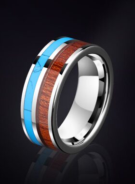 男款镶嵌红钨指环男士戒指新款配饰思刻字潮男本命年金相绿松石木