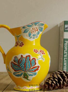 装饰品摆件手工绘花陶瓷花瓶黄色田园客厅出口餐桌餐厅壶欧式彩