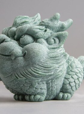 青砂石鱼缸假山造景中式火麒麟办公家居创意精品国潮桌面茶宠摆件