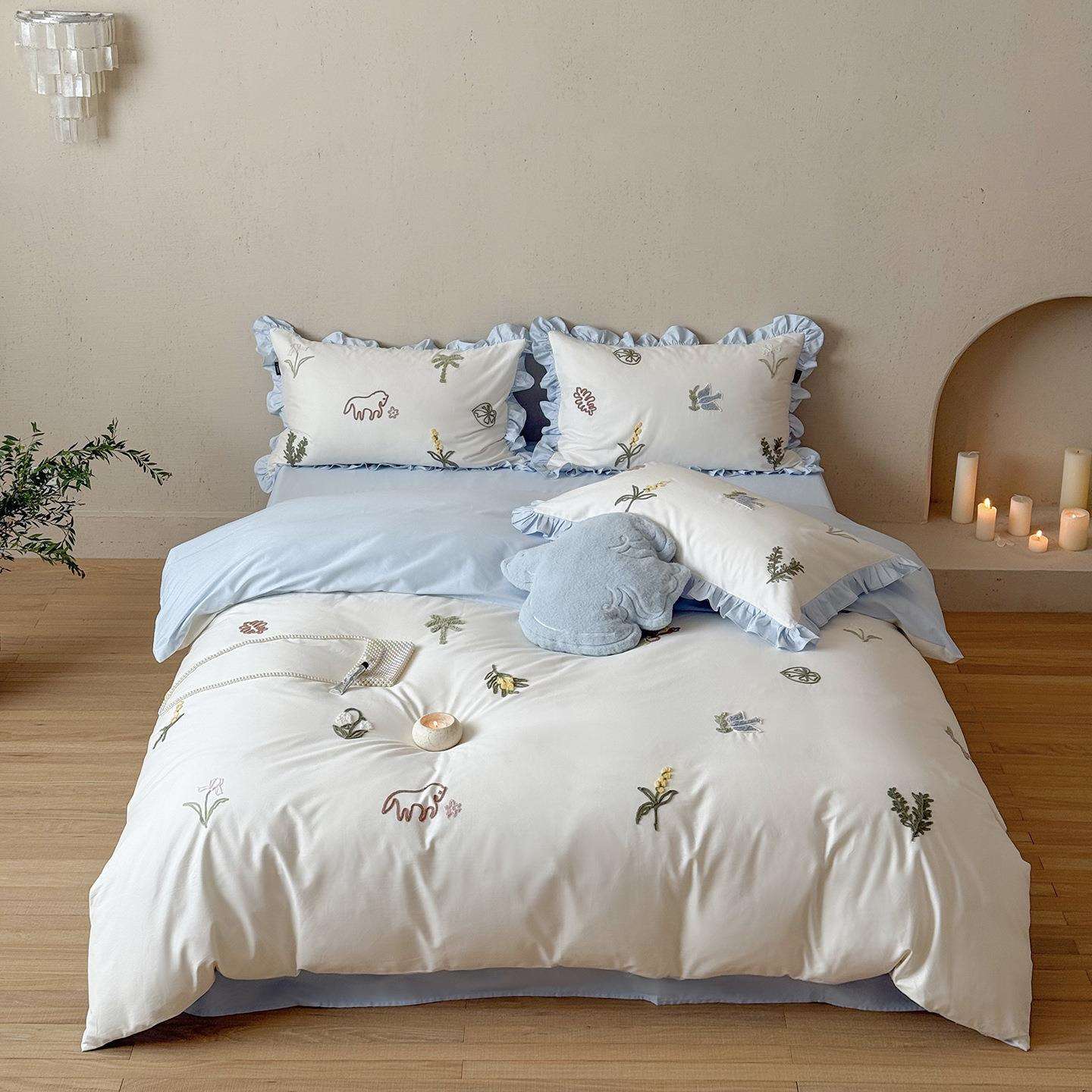 秋冬软糯100支长绒棉磨毛四件套少女心纯棉刺绣床单被套加厚4件套 - 图3