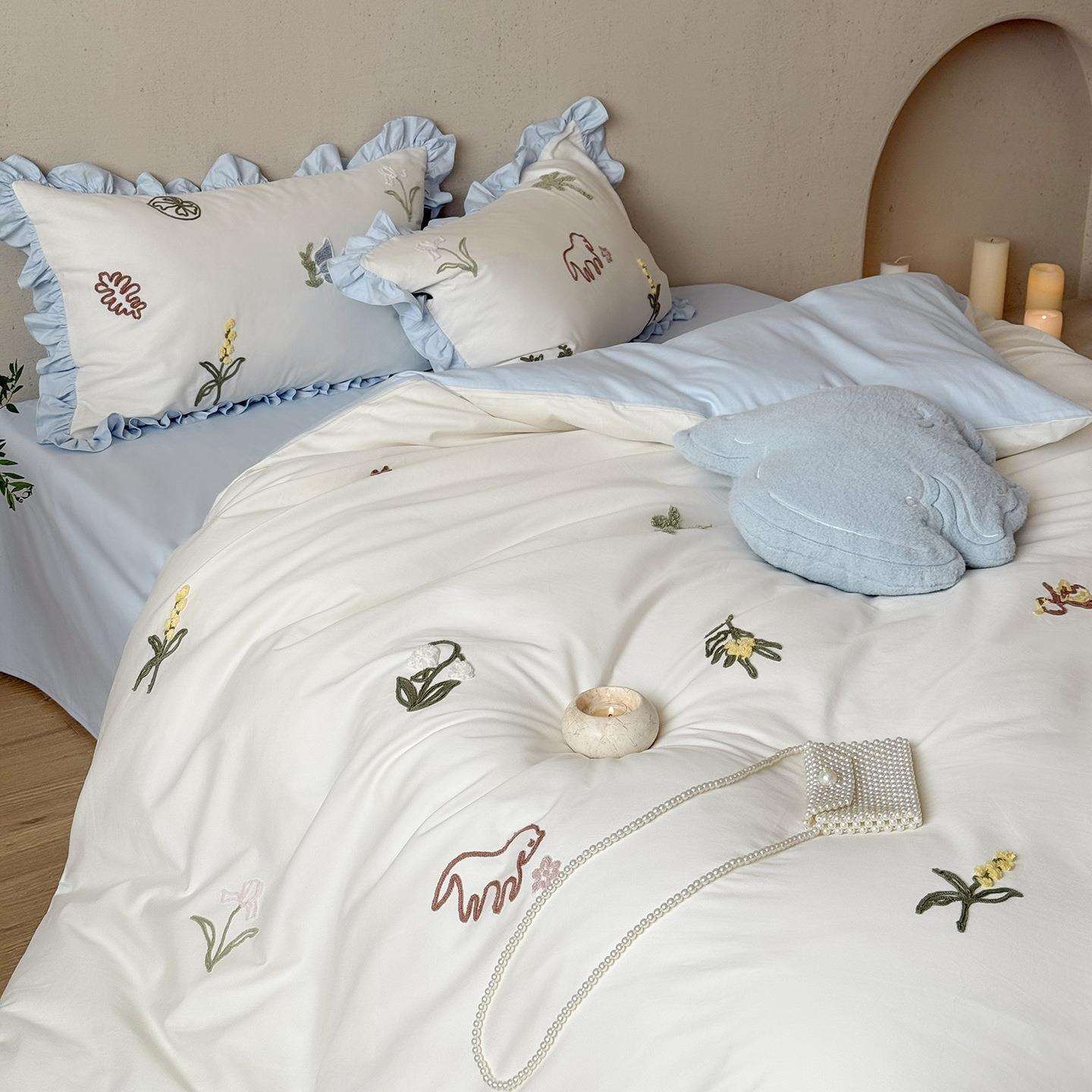 秋冬软糯100支长绒棉磨毛四件套少女心纯棉刺绣床单被套加厚4件套 - 图0