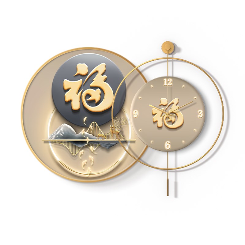 九鱼图餐厅时钟装饰画高档福字圆形饭厅餐桌挂画客厅钟表带灯壁画 - 图2