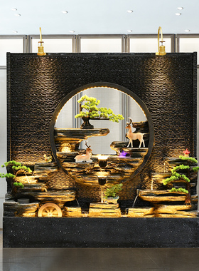 庭院水幕墙玄关喷泉客厅水景公司背景假山流水墙T景观瀑布山水摆