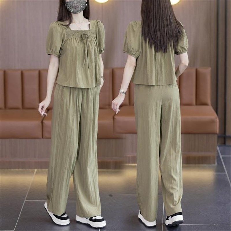 2025夏季新款方领阔腿裤套装小个子时尚洋气减龄雪纺宽松两件套女,淘宝优惠券,粉丝福利购,淘宝优惠卷