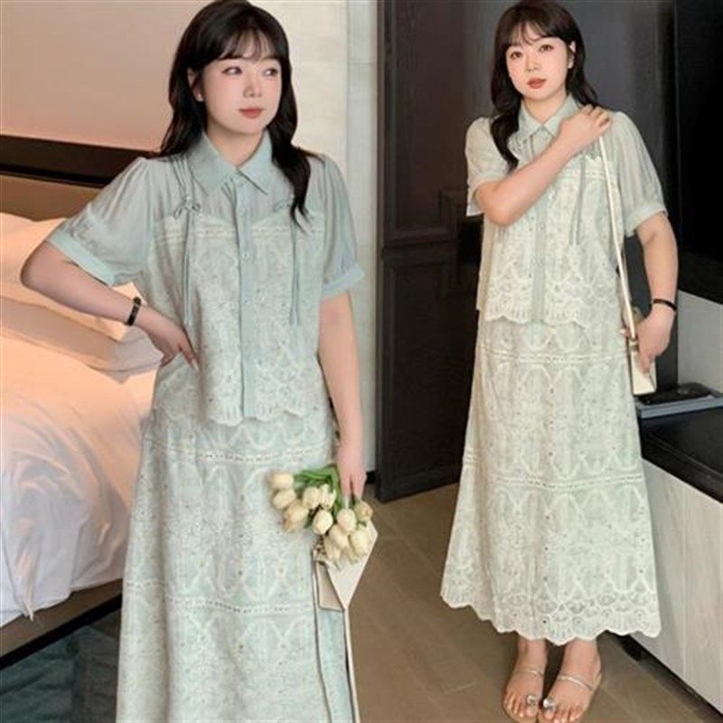 2403夏季新品加肥胖mm设计感国风套装刺绣大码蕾丝两件套女薄荷绿,淘宝优惠券,粉丝福利购,淘宝优惠卷