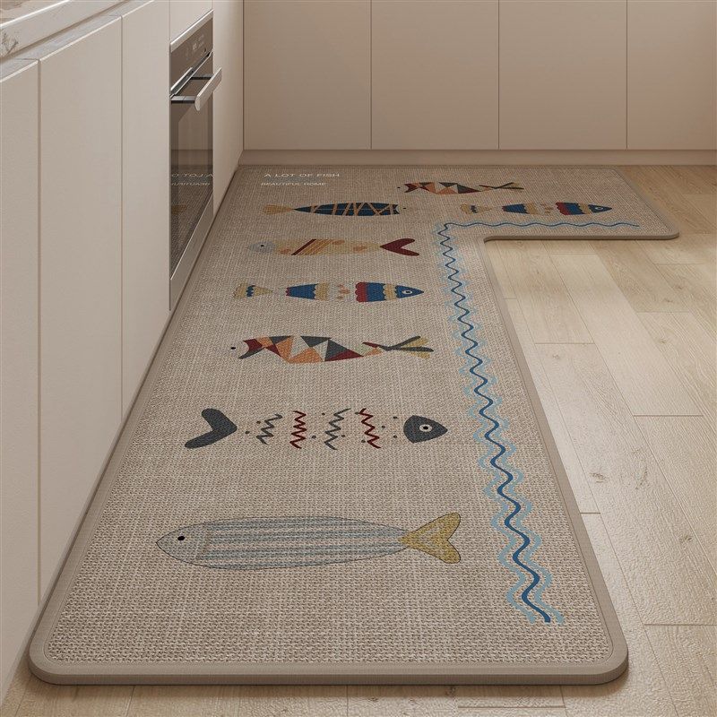 厨房地垫L型脚垫子仿亚麻编织卡通高级感吸水吸油防滑专用7字型毯,淘宝优惠券,粉丝福利购,淘宝优惠卷