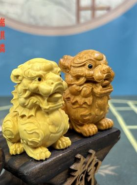 黄杨木麒麟招财手把件摆件