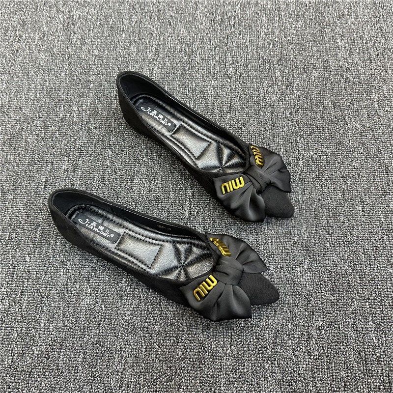 尖头单鞋女2024年新款秋季平底浅口瓢鞋黑色蝴蝶结软底工作鞋春秋,淘宝优惠券,粉丝福利购,淘宝优惠卷