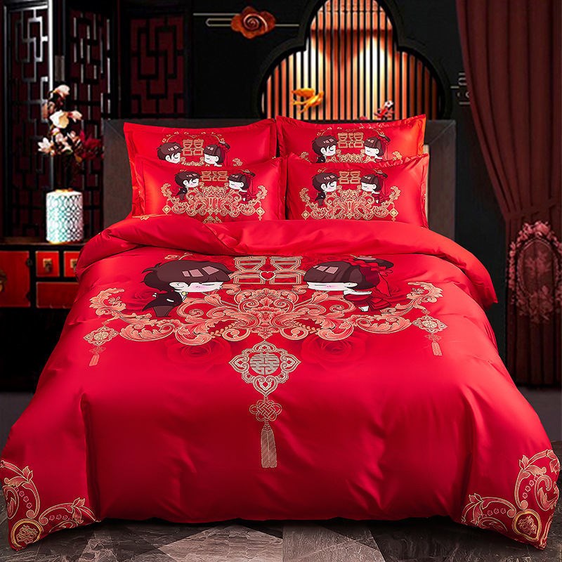 新婚床上四件套新款婚庆大红色加厚床单婚礼礼品双人被罩床上用品 - 图2