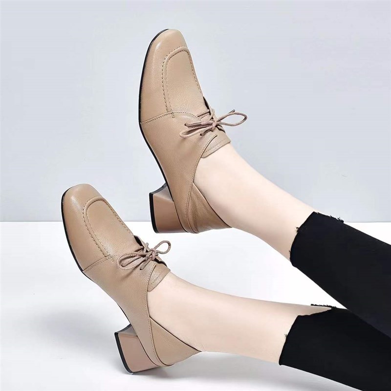 2024新款女鞋软皮羊皮粗跟深口单鞋中跟真皮英伦风系带小皮鞋春秋 - 图3