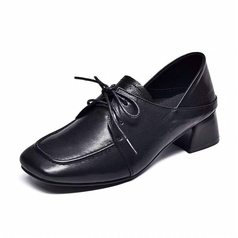 2024新款女鞋软皮羊皮粗跟深口单鞋中跟真皮英伦风系带小皮鞋春秋 - 图0