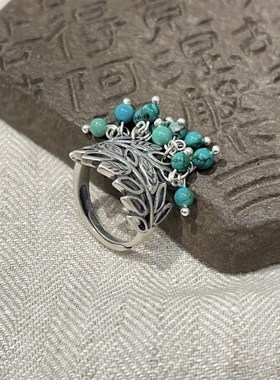 925银蓝松石i花环戒指女新中式复古做旧叶子镂空开口可调节指环