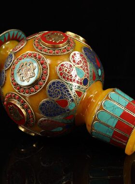 老蜜蜡绿松石古玩玄关摆件花瓶收藏宝石镶花瓶蜜蜡工艺品家居装饰