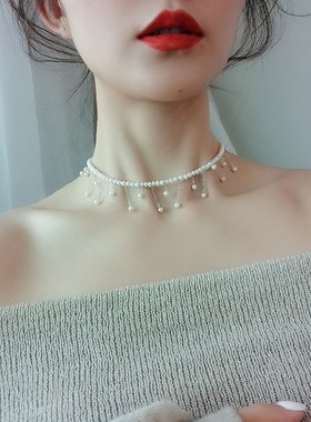 珍珠项链女天然锁骨链年轻款时尚流苏网红气质超仙简约设计脖颈链
