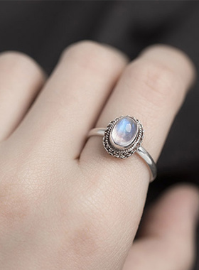 尼泊尔饰品手工925银镶嵌月光石戒指女J流行首饰指环 复古民族风