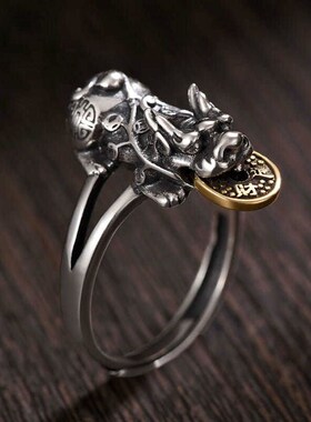 925银可转动貔貅戒指环男女招财转运铜I钱复古风个性活口调节百搭