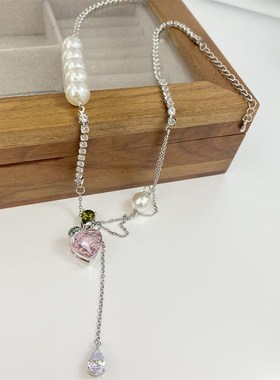 森系甜美微镶锆石珍珠拼接项链女 小众轻奢粉色爱心设计感锁骨链