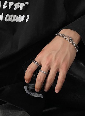 SAZ 镂空复古戒指男纹理异形做旧古银指K环百搭情侣冷淡风对戒配