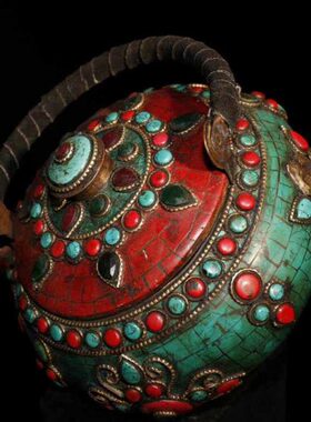 工艺藏绘老茶壶铜黄铜收藏宝石茶壶尼泊尔酥油式纯铜镶嵌彩摆件壶