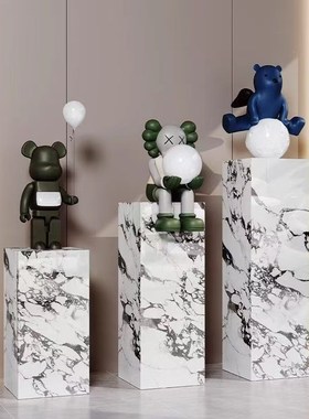 岩板花架客厅落地一体酒店会所玄关装饰摆件大理石底W座展示台立