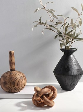 新中式简约现代创意几何木质y花瓶摆件样板间客厅玄关桌面干插花