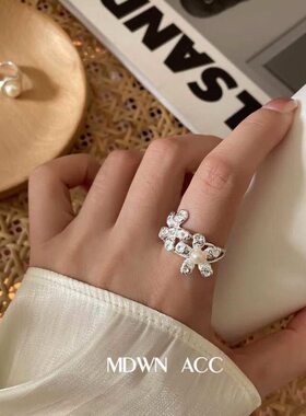 食指酷开口S9女戒时尚个性25气质编织指环银花朵潮甜优雅珍珠戒指