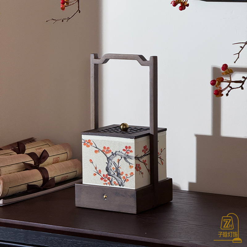 新中式复古风手绘台灯实木户外便捷手提灯书房禅意茶室充电装饰灯
