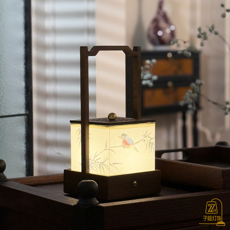 新中式复古风手绘台灯实木户外便捷手提灯书房禅意茶室充电装饰灯