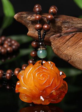 二黄蜜蜡代项链配饰油吊坠鸡翅木琥珀款老蜜蜡鸡男女毛衣链民族风