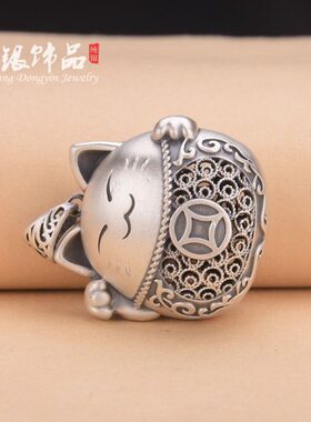 足银999银饰复古风格简约时尚 猫猫吊坠百搭个性男女款式包邮