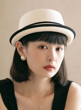 法式卷边小礼帽女夏季英伦复古草帽时尚百搭短檐遮阳帽防晒帽子女