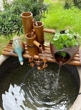 竹子流水器竹筒流水鱼盆过滤器风水轮车招财摆件石槽喷泉加湿增氧