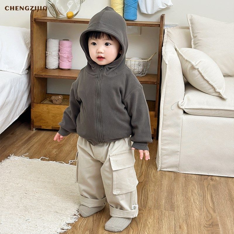 婴儿春秋季连帽外套套装女宝宝纯色开衫休闲T恤男童大口袋工装裤,淘宝优惠券,粉丝福利购,淘宝优惠卷