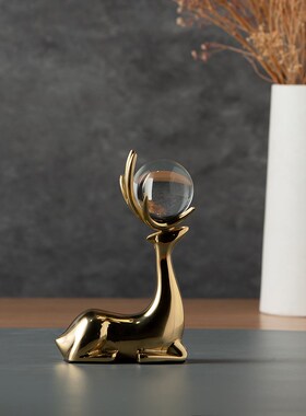 铜鹿摆件客厅轻奢欧式玄关家居装饰品红酒架酒柜电视柜铜工艺品