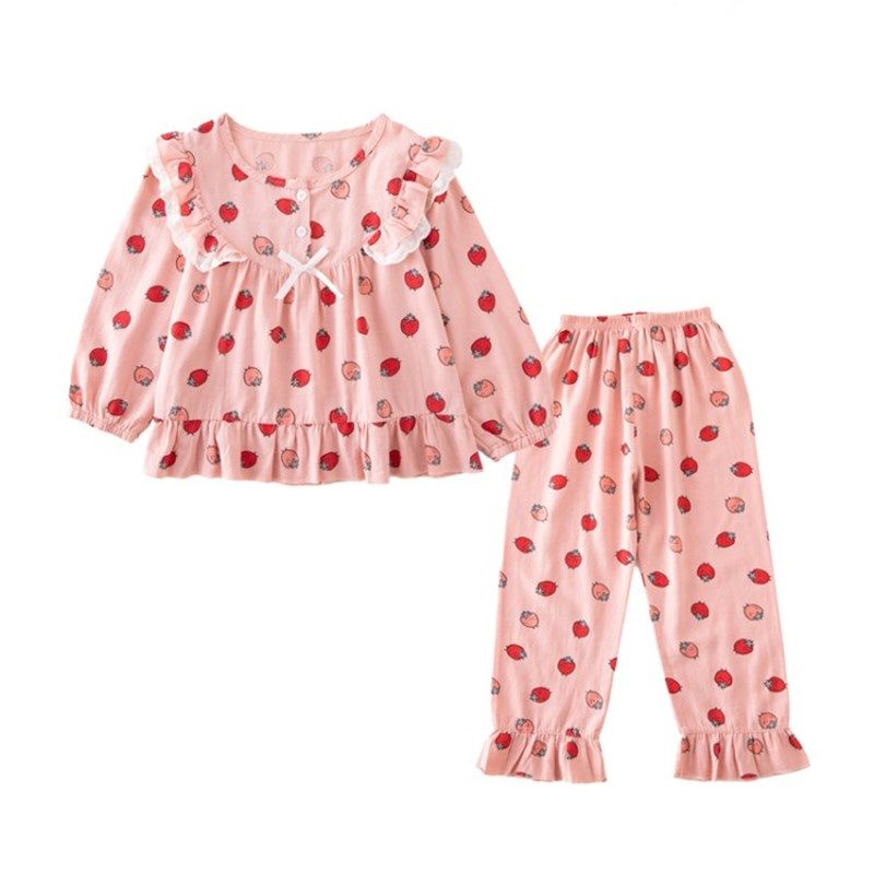 儿童睡衣春秋季女童长袖纯棉薄款大童女孩宝宝公主草莓家居服套装,淘宝优惠券,粉丝福利购,淘宝优惠卷