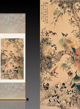 百鸟朝凤 花鸟画国画字画卷轴花鸟字画丝绸卷轴画酒店办公室挂画