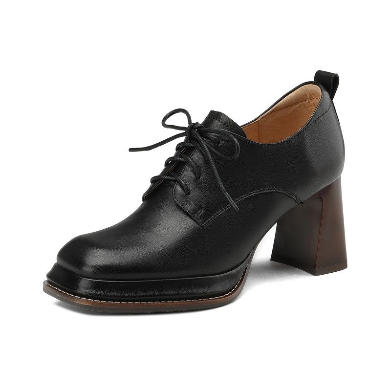 7.5cm高跟鞋女方头粗跟羊皮单鞋春秋季真皮系带深口皮鞋黑色棕色,淘宝优惠券,粉丝福利购,淘宝优惠卷