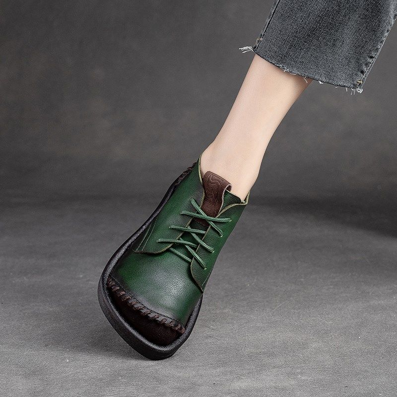 手工复古女鞋圆头平底单鞋2023年秋新款真皮拼色休闲中老年妈妈鞋,淘宝优惠券,粉丝福利购,淘宝优惠卷