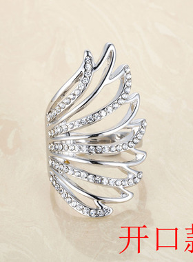 日韩时尚个性食指戒指女满钻玫瑰金色翅膀羽毛镂R空夸张指环开口