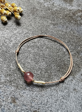 甜美小草莓 天然草莓晶手錬冰种金桃花森系简约极细手绳百搭显白