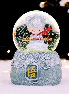 网红同款悟空水晶球内转飘雪音乐盒亮灯卡通炫酷卧室装饰礼品