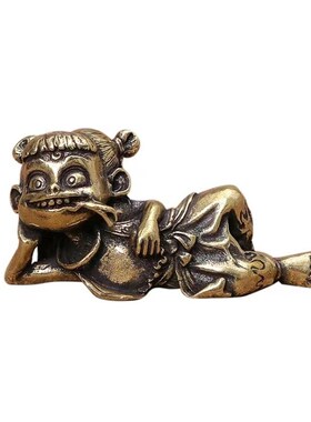 仿古纯铜哪吒茶宠摆件三太子实心黄铜实心书房镇纸笔办公桌面笔搁