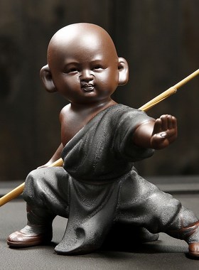 厂家黑金功夫小和尚紫砂茶宠摆件 陶瓷人物创意家居装饰