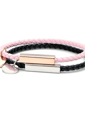 简约不锈钢编制皮绳情侣s手链黑色红色支持刻字七夕男女手绳礼物