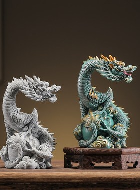 中式青砂石瑞兽祥龙盘珠龙腾万里摆件客厅办公室桌面玄关茶桌摆设