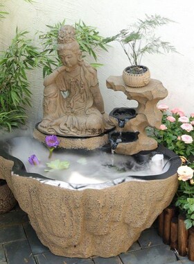 户外流水摆件观音佛禅意假山喷泉庭院别墅落地大鱼池循环水装饰